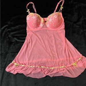 Indulgence Pink Sheer Embroidered Babydoll Chemise with Yellow Accents